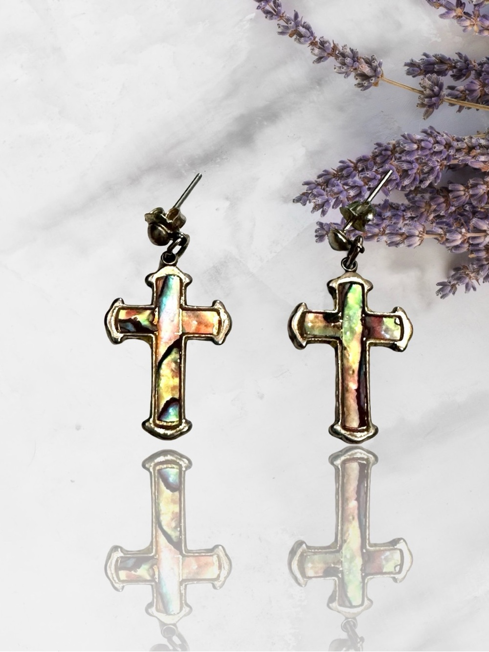 Vintage Artisan Iridescent Abalone Cross Drop Earrings